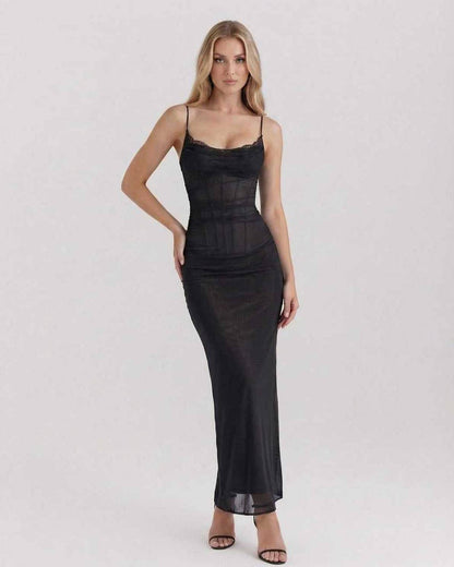 Selene Maxi Dress - Black Mesh Dress with Lace Detail, Slim Fit Silhouette by Lauven, Elegant and Modern Look.