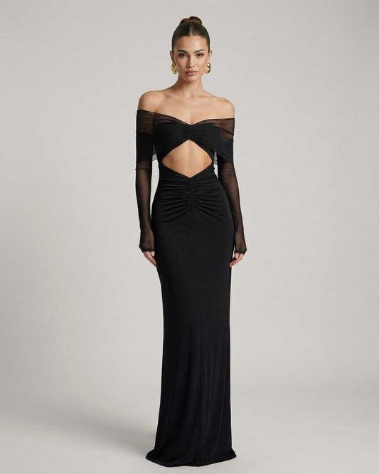 Selene Maxi Dress showcasing off-shoulder mesh sleeves and ruched cut-out detail by Lauven, perfect for elegant evenings.