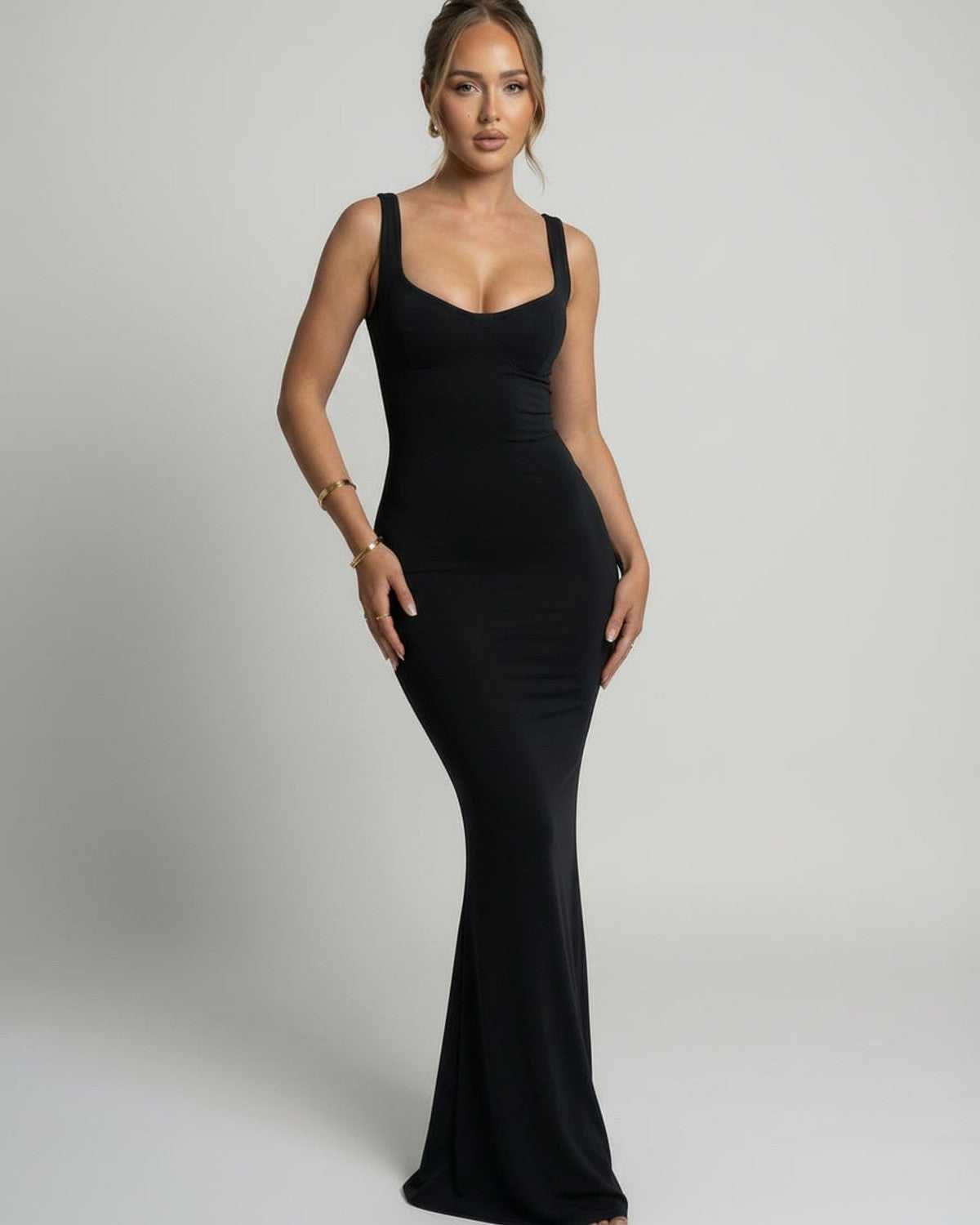 Selene Maxi Dress - Black sleek slip dress with U-neck design by Lauven, offers a body-skimming fit and minimalist aesthetic.