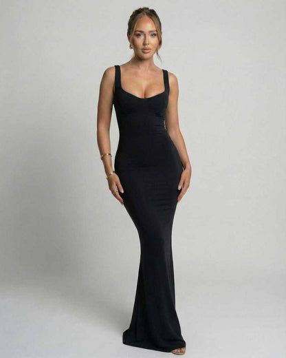 Selene Maxi Dress in black, featuring a sleek slip silhouette, U-neck design, and body-skimming elegance by Lauven.