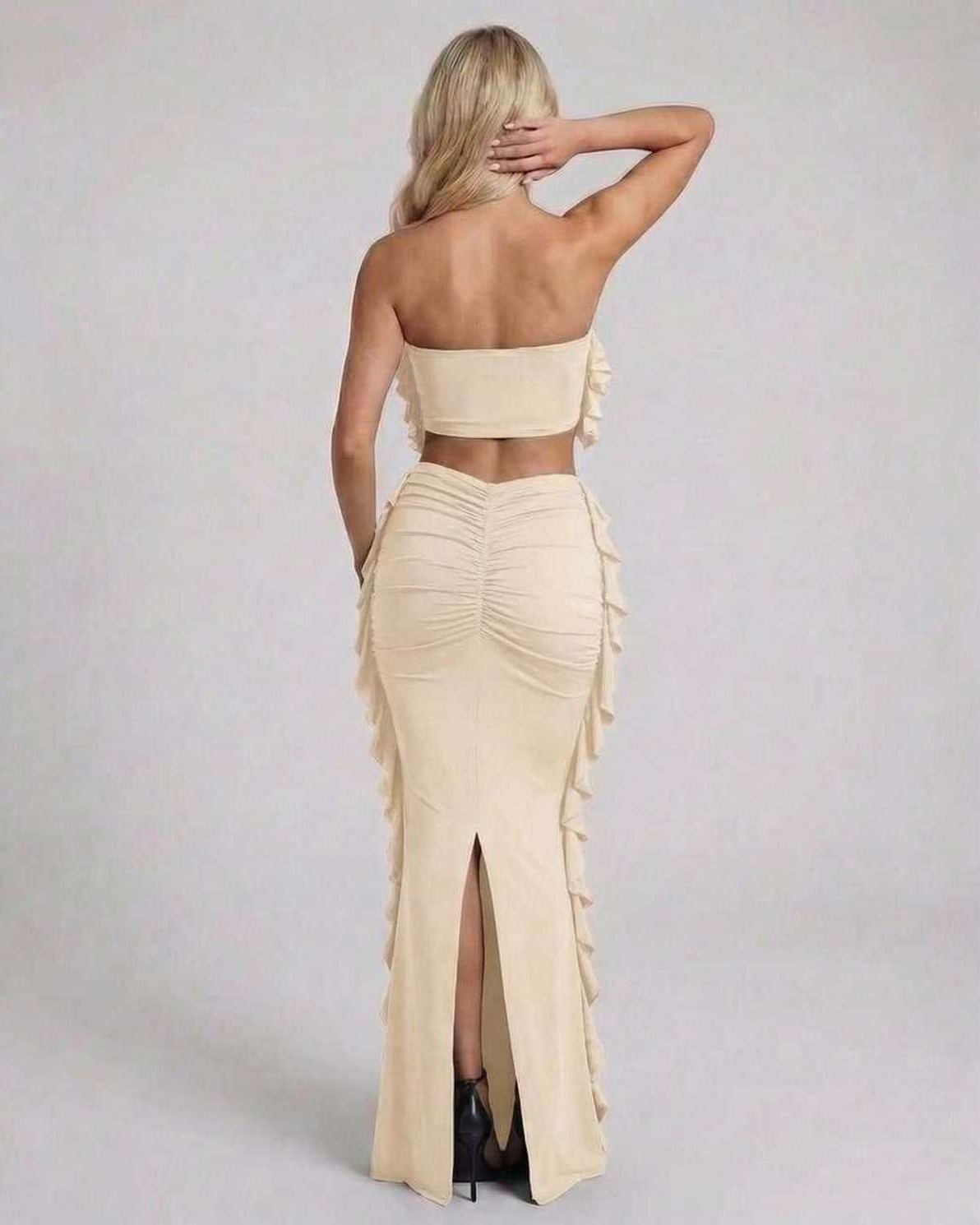 Selene Maxi Dress by Lauven - Elegant nude ruffle accent maxi dress showcasing a fitted silhouette.