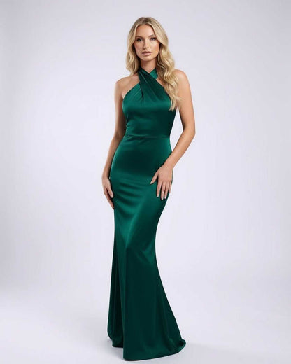 Selene Maxi Dress in emerald green satin, featuring halter details for elegant evening wear, by Lauven.