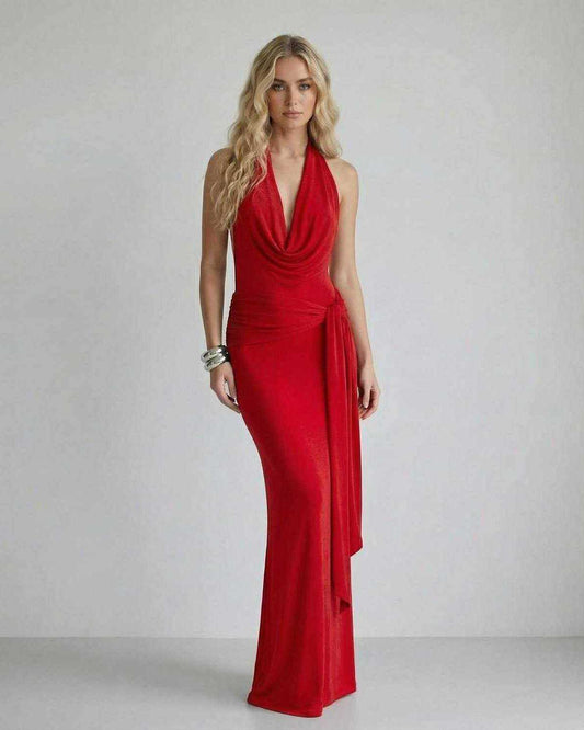 Selene Maxi Dress by Lauven in rich red velvet, featuring a halter neck, open back, and sleek sheath silhouette.