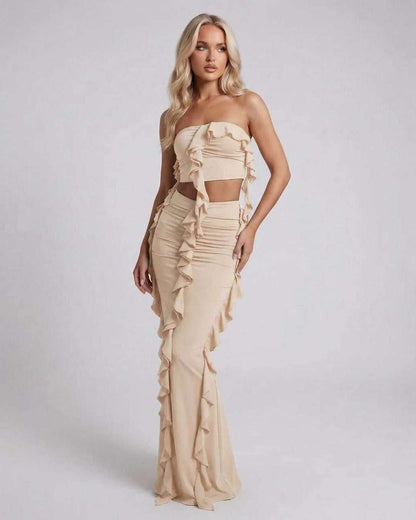 Selene Maxi Dress by Lauven, elegant nude ruffle accent maxi dress with strapless neckline and floor-length skirt.
