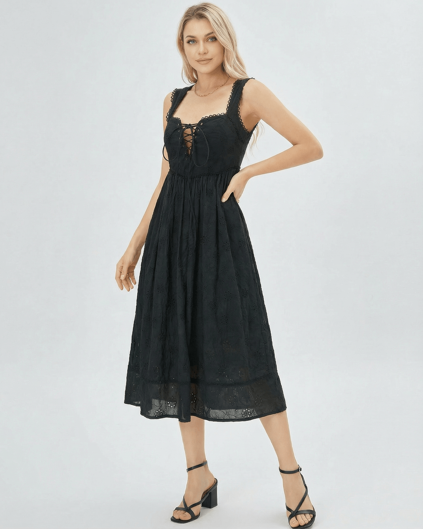 Selene Midi Dress by Lauven — Lace-Trim Square Neck Midi Dress featuring a flattering silhouette in black.