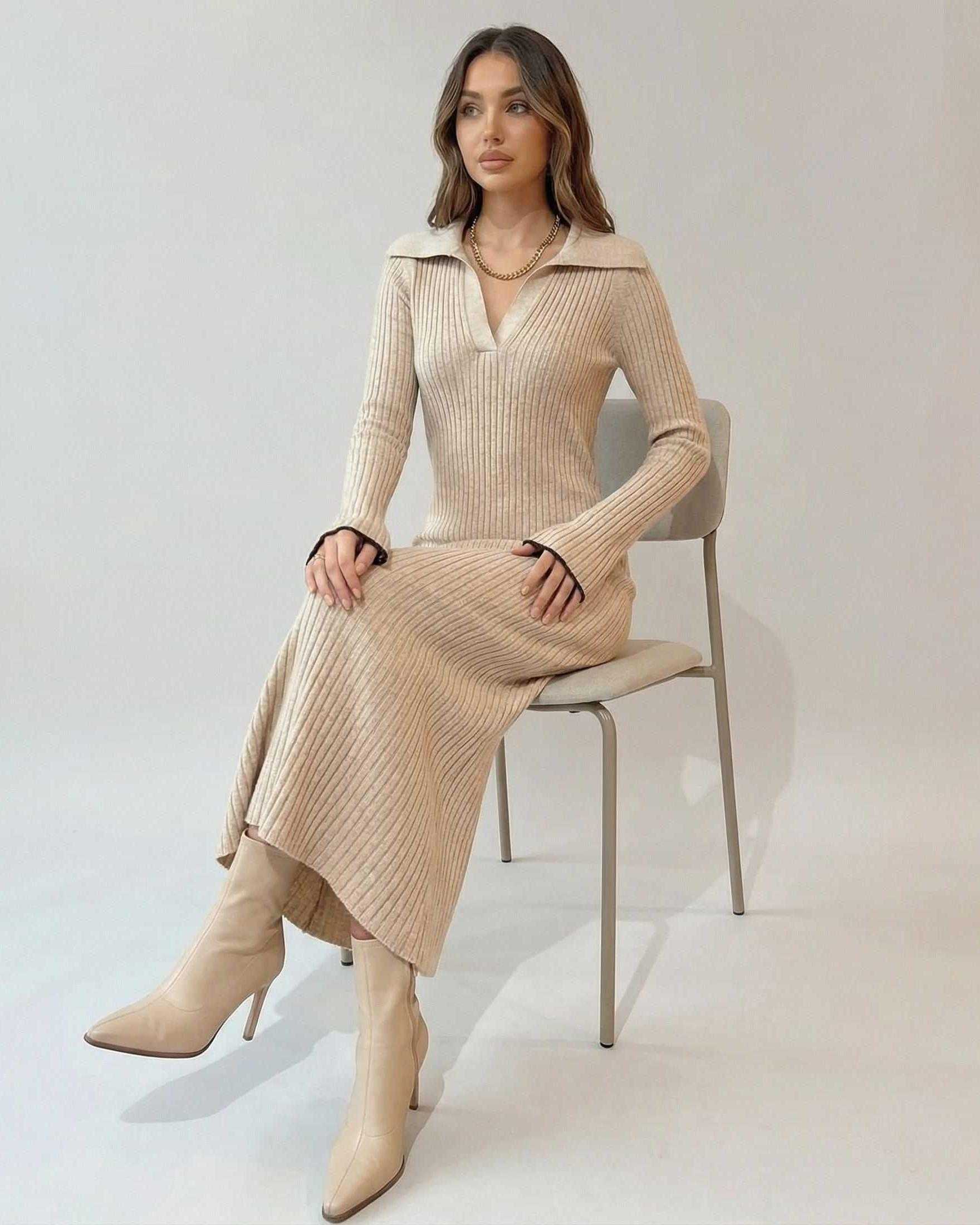 Selene Midi Dress by Lauven - Elegant ribbed knit A-Line dress in beige, showcasing a V-neck design.