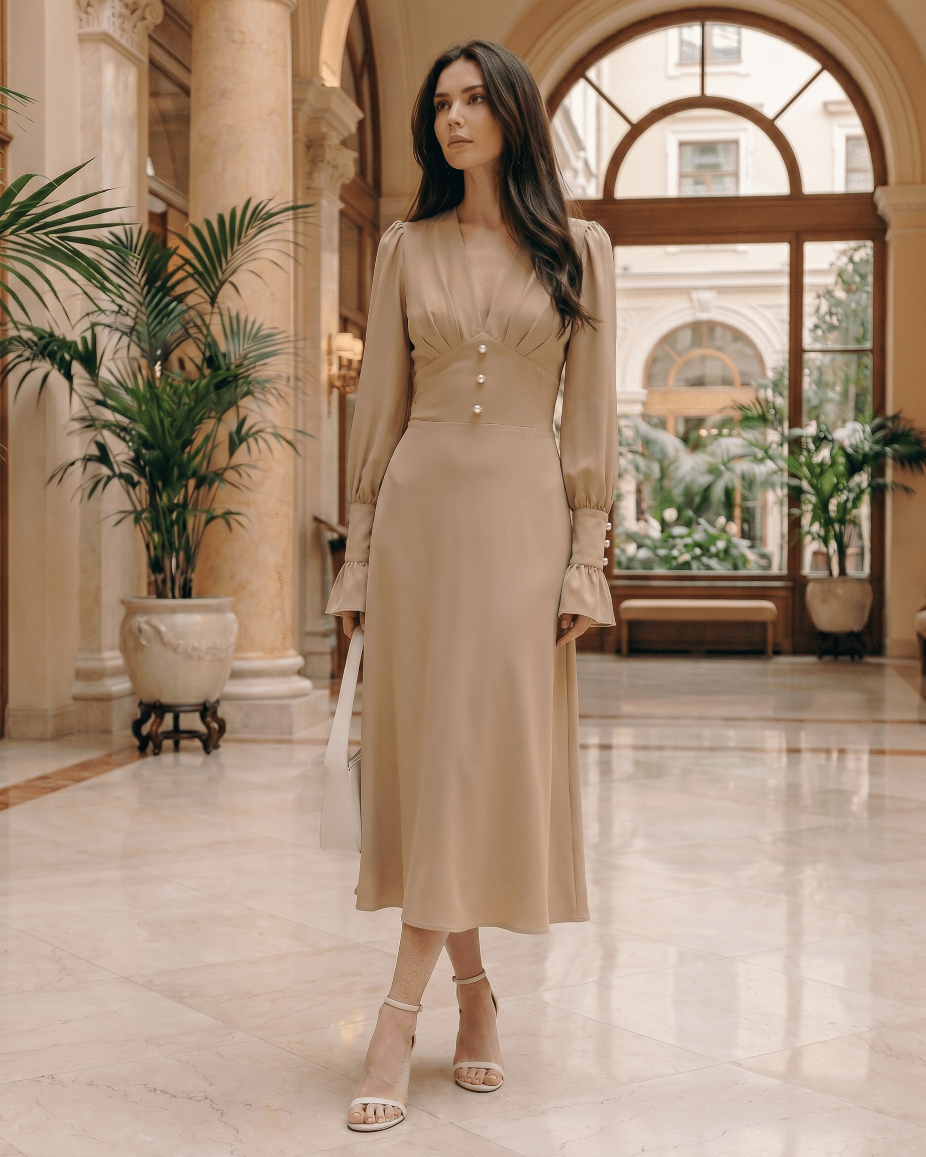 Selene Midi Dress in beige, featuring a deep V-neck, long lantern sleeves, and a polished silhouette by Lauven.