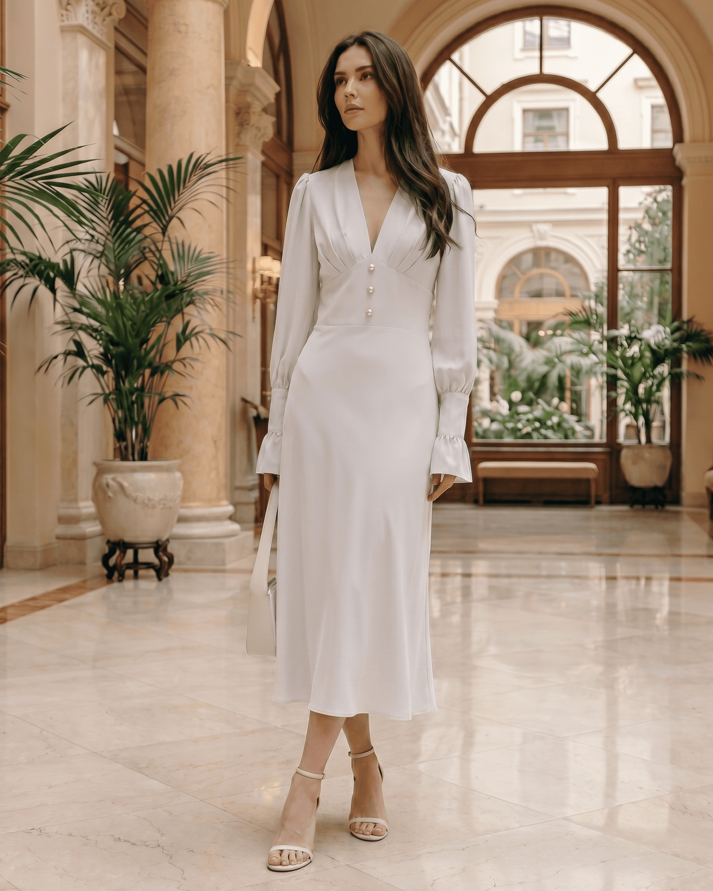 Selene Midi Dress featuring a deep V-neck, long lantern sleeves, luxurious polyester, and a polished silhouette by Lauven.