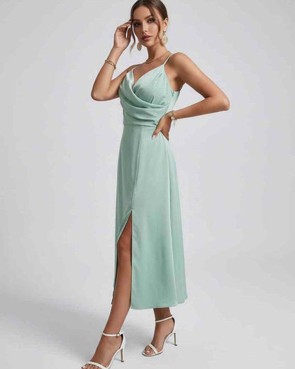 Selene Midi Dress by Lauven, featuring a satin draped bodice, refined spaghetti straps, and a softly flared skirt.