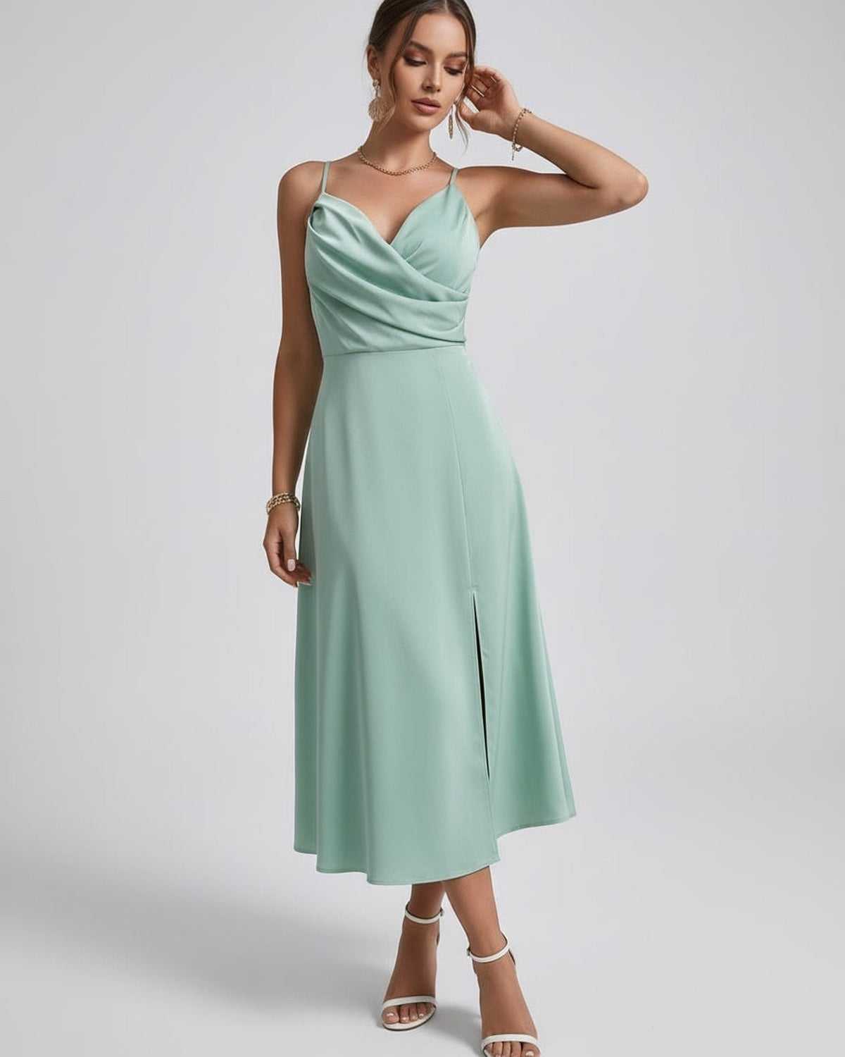 Selene Midi Dress with satin elegance, draped bodice, spaghetti straps, and flared skirt by Lauven.