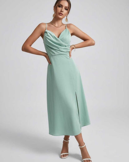 Selene Midi Dress features a fluid draped bodice and refined spaghetti straps, perfect for elegant occasions by Lauven.