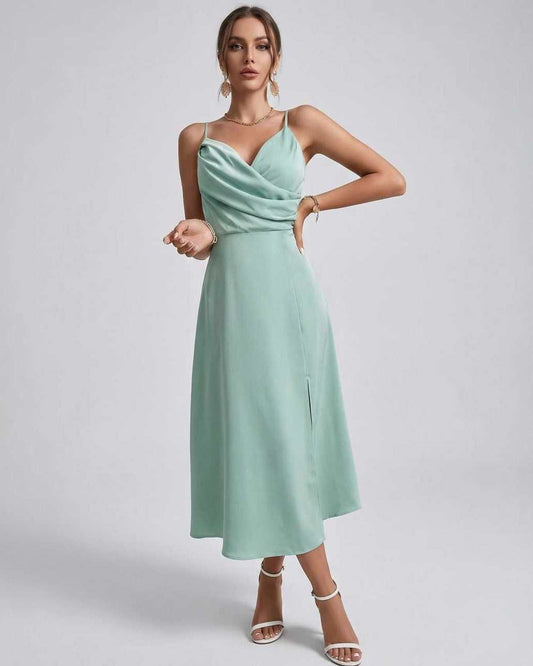Selene Midi Dress in mint satin, featuring a draped bodice, spaghetti straps, and a flared skirt, perfect for weddings.