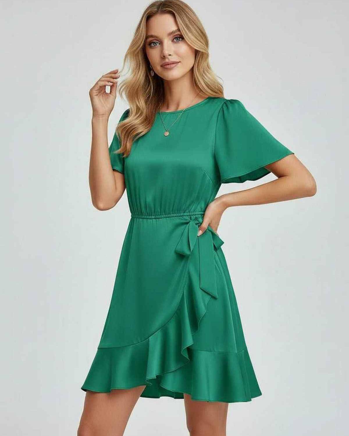 Lauven Selene Mini Dress in emerald green with ruffle detailing and tie waist, perfect for spring and summer.