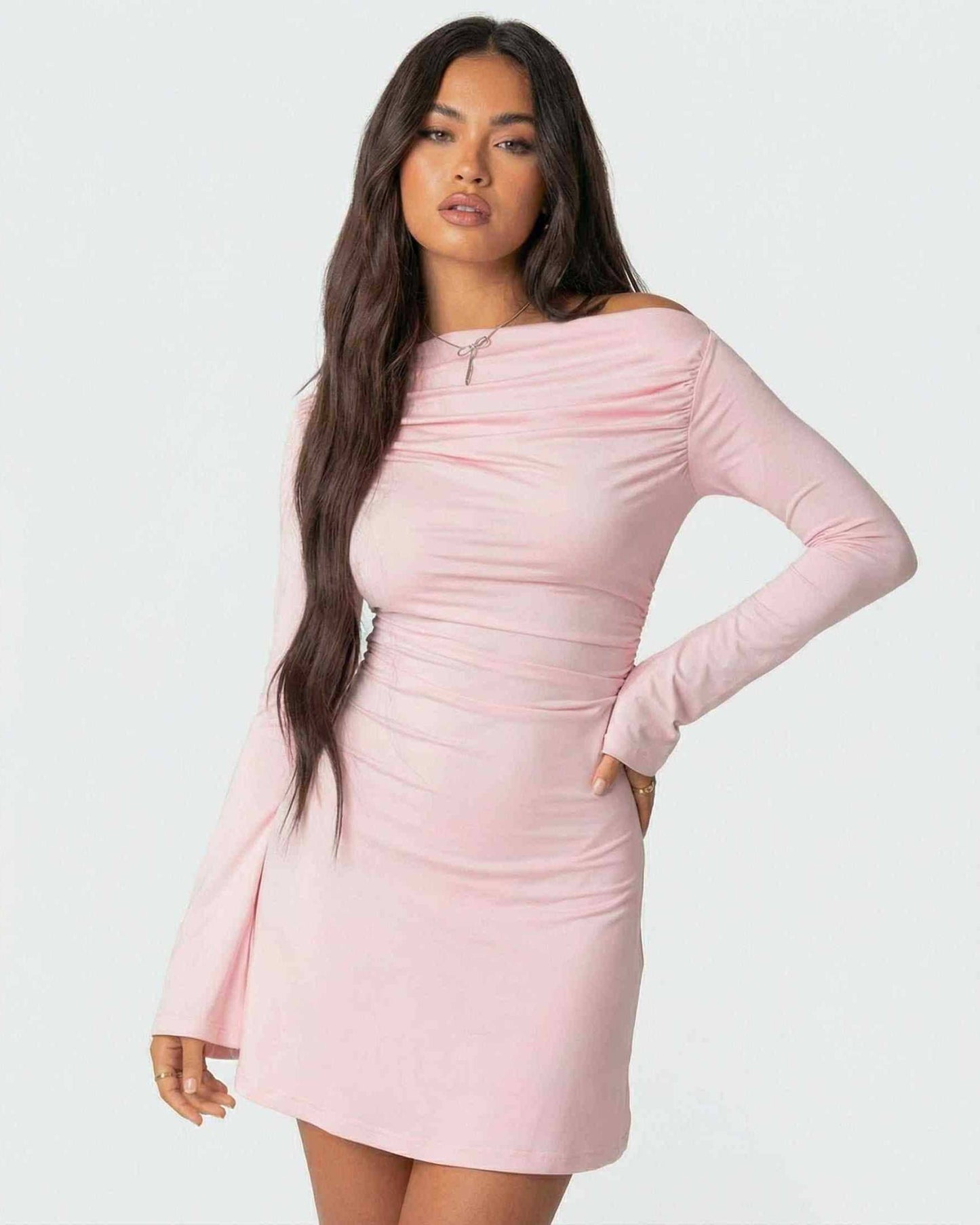 Selene Mini Dress by Lauven, featuring an asymmetrical neckline and slim silhouette in soft pink.