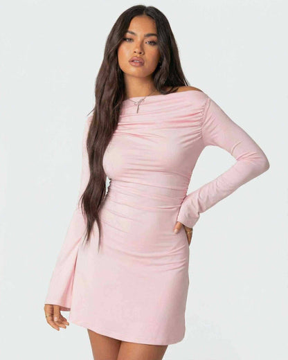Selene Mini Dress by Lauven, featuring an asymmetrical neckline and slim silhouette in soft pink.