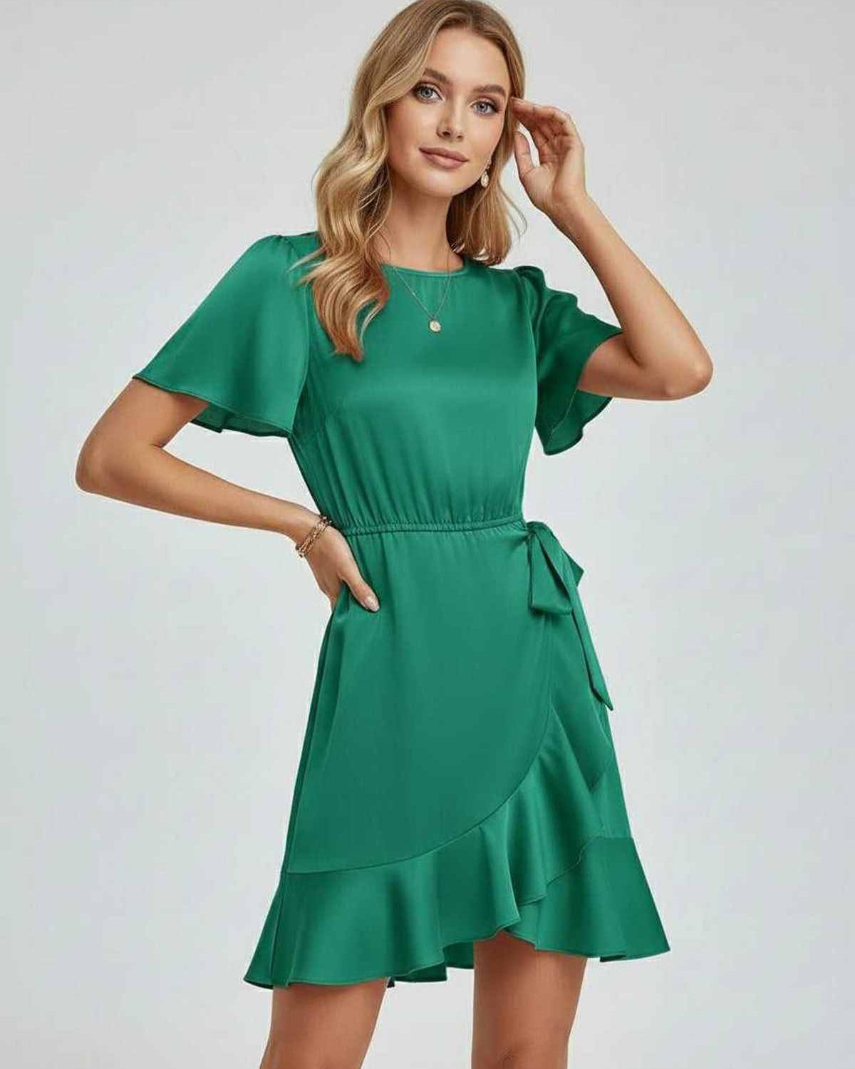 Lauven Selene Mini Dress in emerald green with elegant ruffle detailing and tie waist for refined elegance.