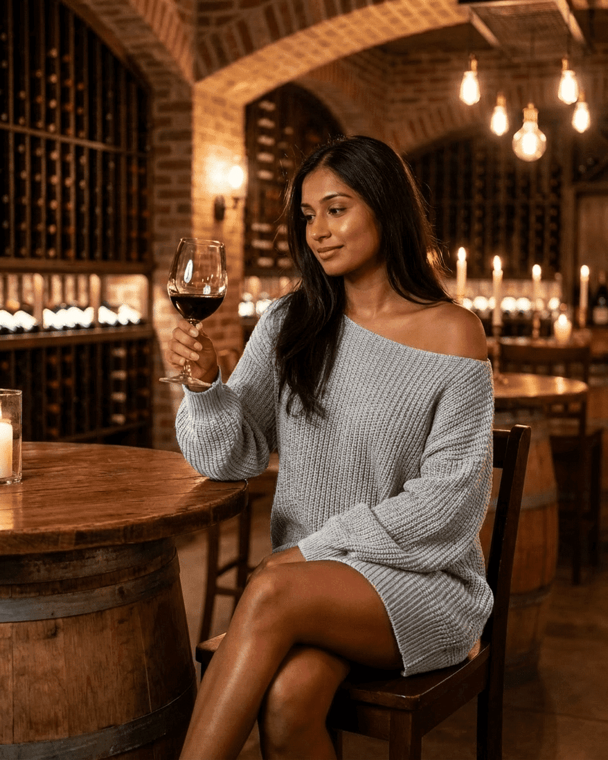 A woman enjoying a glass of red wine while wearing the Selene Mini Dress in a cozy wine cellar atmosphere.