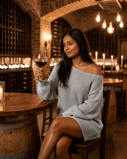 A woman enjoying a glass of red wine while wearing the Selene Mini Dress in a cozy wine cellar atmosphere.