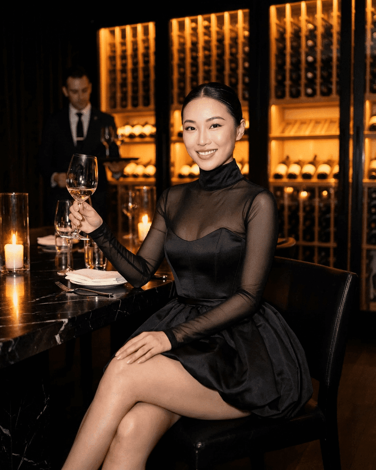 Elegant woman in Selene Mini Dress by Lauven, seated at a restaurant, holding a wine glass, exuding sophistication.