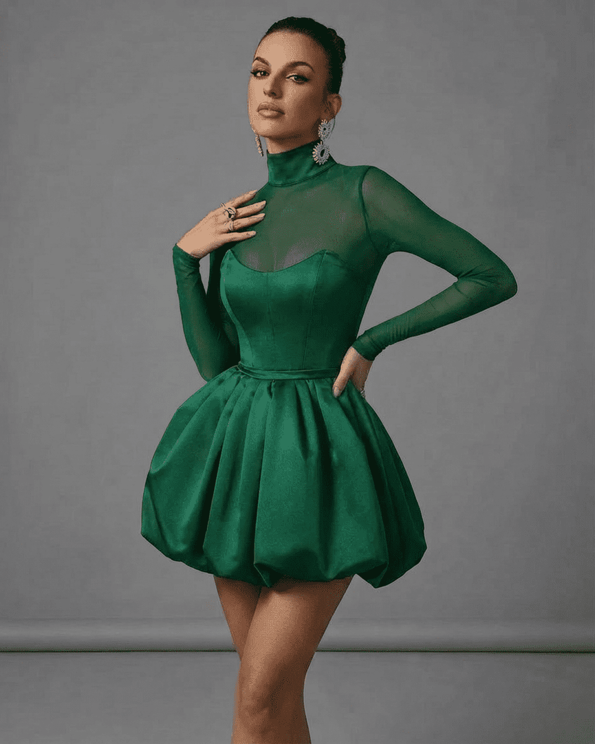 Selene Mini Green by Lauven, elegant bodycon mini dress with bubble hem and sheer mesh design.