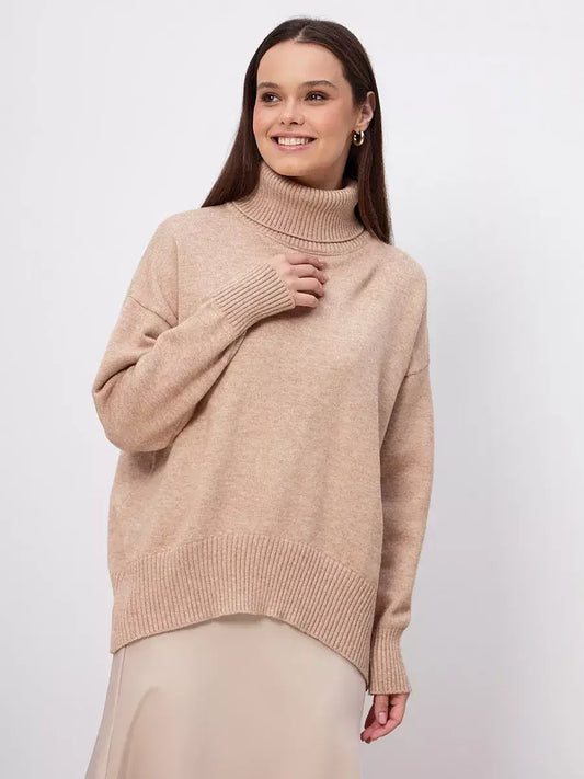 Selene Sweater by Lauven - Women’s dark beige turtleneck knitwear essential for modern comfort.