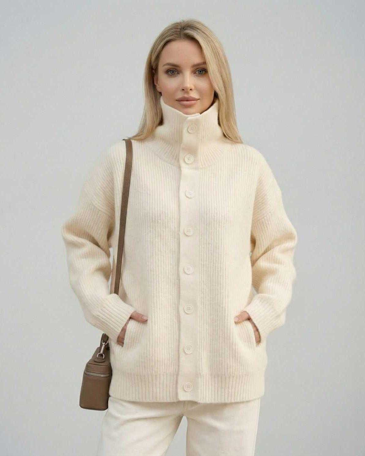 Selene Sweater by Lauven, women's ribbed turtleneck button-up with a loose fit and soft texture.
