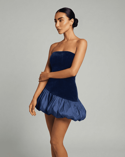 Selina Navy Dress by Lauven, featuring a strapless velvet bodice and playful puff skirt in rich navy.