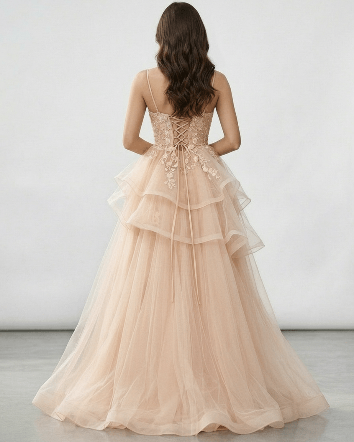 Back view of Seraphina Maxi Dress showcasing champagne tulle layers and lace bodice details by Lauven.