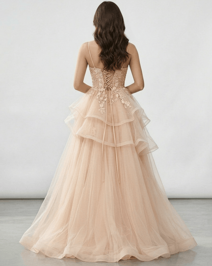 Back view of Seraphina Maxi Dress showcasing champagne tulle layers and lace bodice details by Lauven.