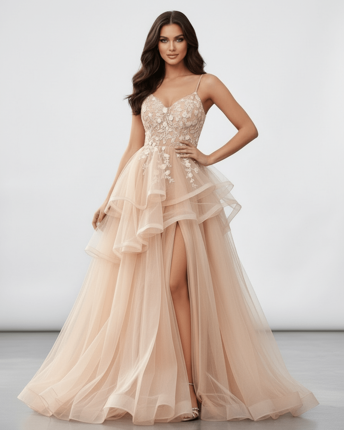 Seraphina Maxi Dress – Champagne tulle with lace bodice, high slit, and elegant design from Lauven.