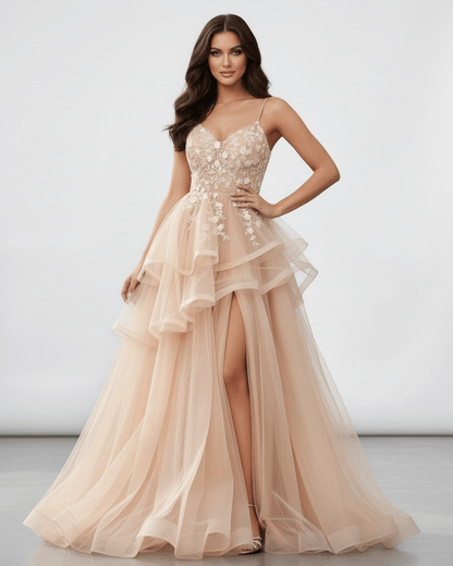 Seraphina Maxi Dress – Champagne tulle with lace bodice, high slit, and elegant design from Lauven.