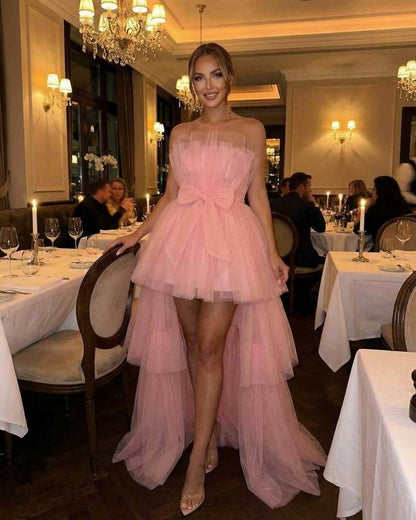 Seraphina Maxi Dress by Lauven – Elegant strapless tulle high-low gown in soft pink for special occasions.