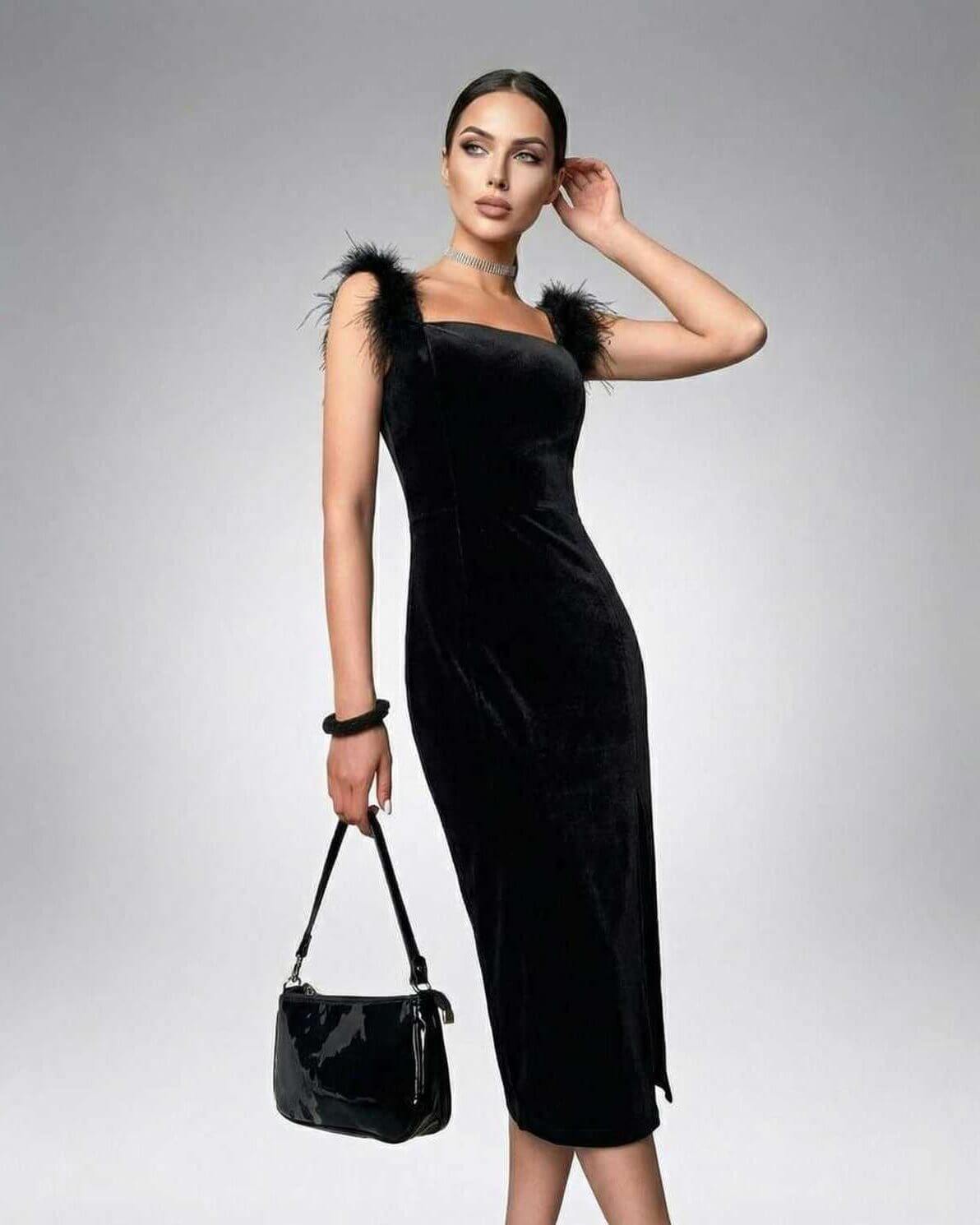 Seraphina Midi Dress by Lauven, an elegant velvet bodycon dress with fuzzy shoulders for upscale events.