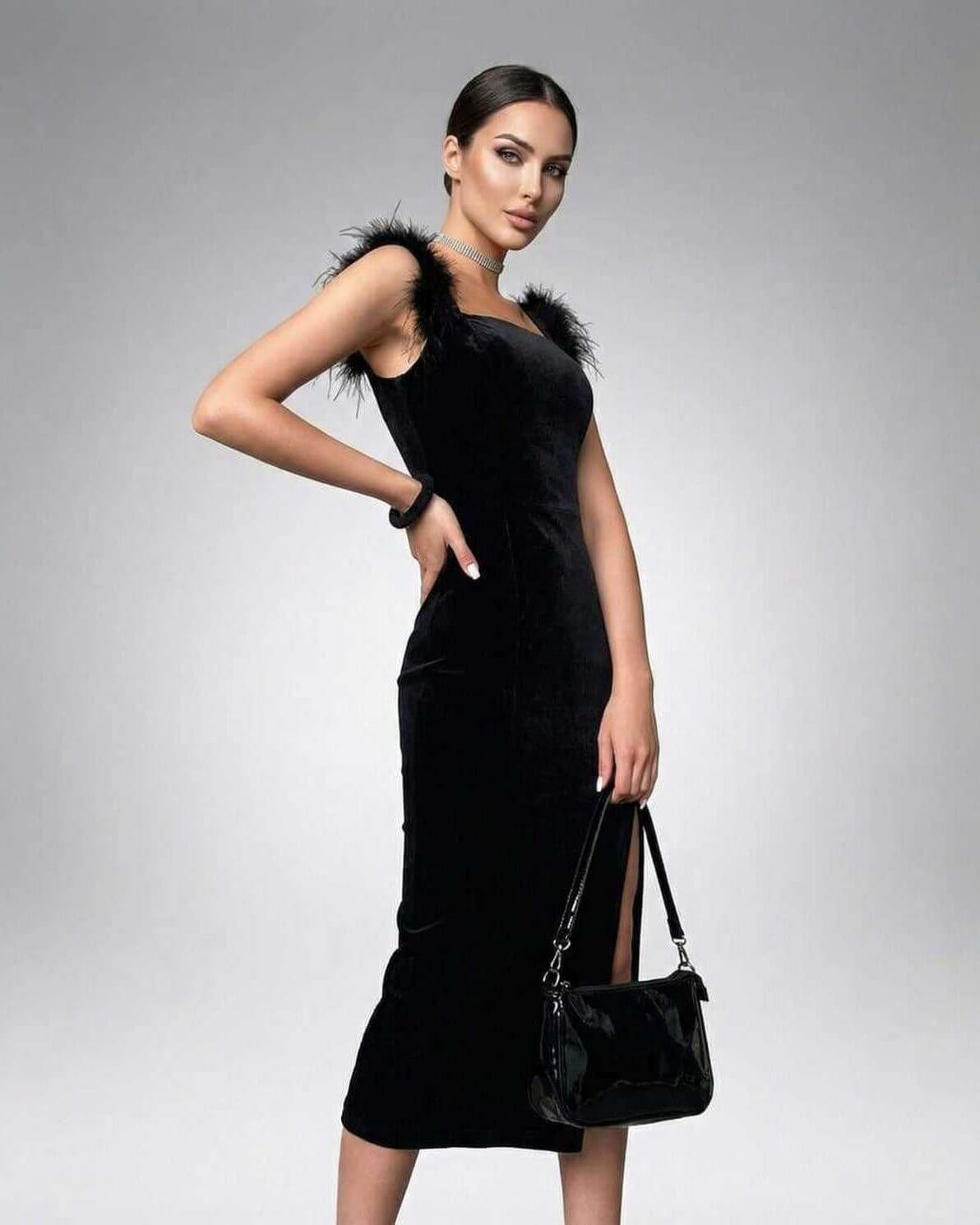 Seraphina Midi Dress by Lauven – Elegant black velvet bodycon dress with fuzzy shoulders and side split.