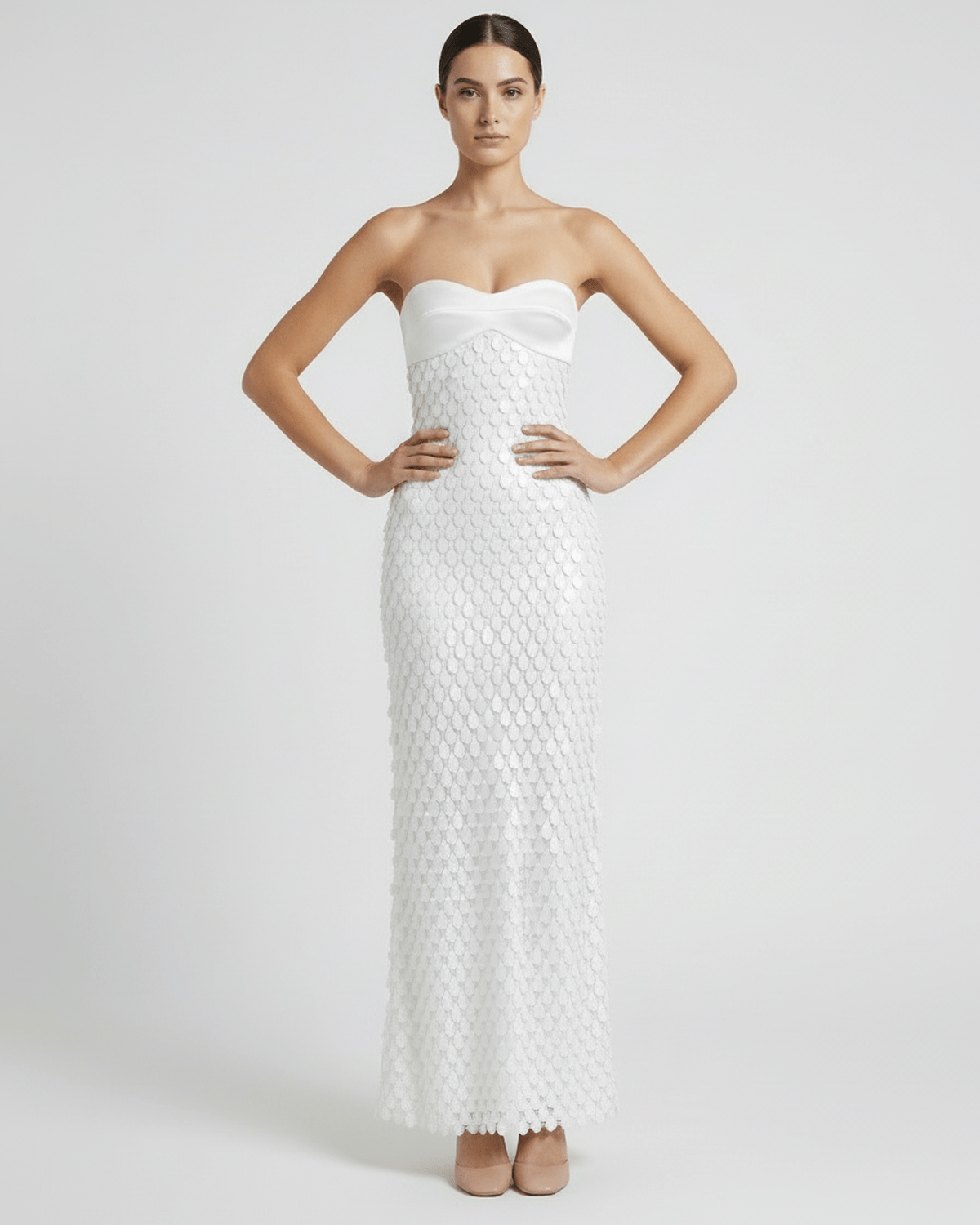Seraphine Maxi Dress: White sequin maxi dress with strapless satin bodice by Lauven, perfect for elegant occasions.