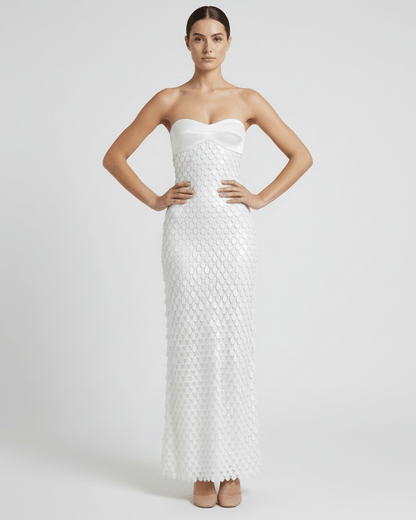Seraphine Maxi Dress: White sequin maxi dress with strapless satin bodice by Lauven, perfect for elegant occasions.