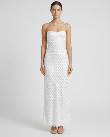 Seraphine Maxi Dress featuring a strapless satin bodice and luminous sequin skirt by Lauven, exuding elegance and sophistication.