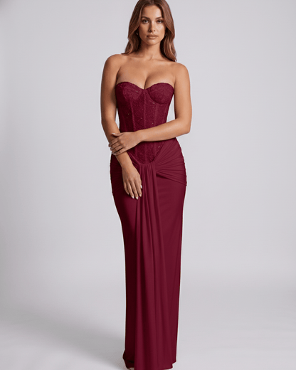 Serelisse Maxi Dress in burgundy, featuring off-the-shoulder design, structured bodice, and soft stretch fabric by Lauven.