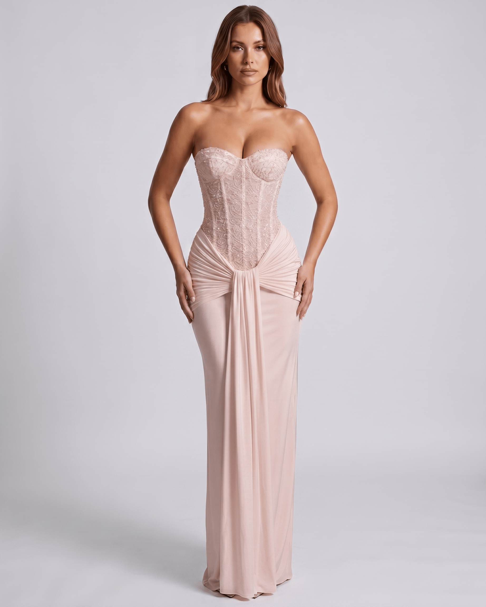Serelisse Maxi Dress featuring off-the-shoulder design, structured corset bodice, and soft stretch material by Lauven.
