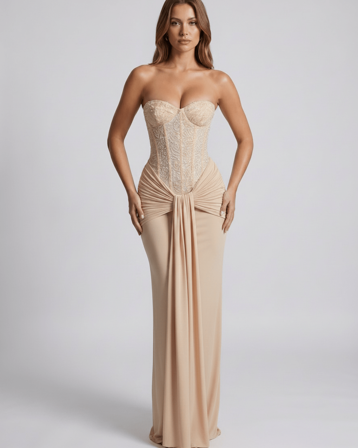 Serelisse Maxi Dress featuring a structured corset bodice and full-length skirt, designed by Lauven.