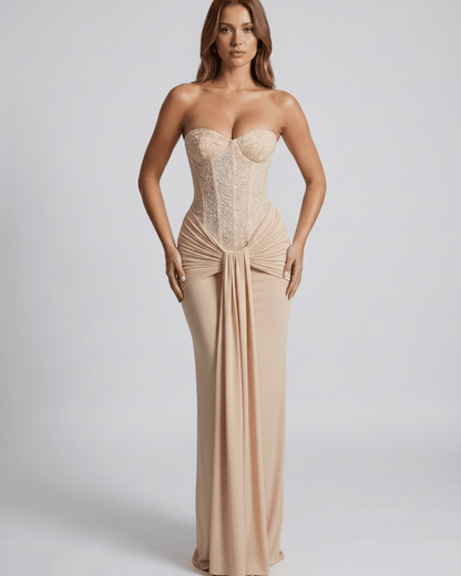 Serelisse Maxi Dress featuring a structured corset bodice and full-length skirt, designed by Lauven.