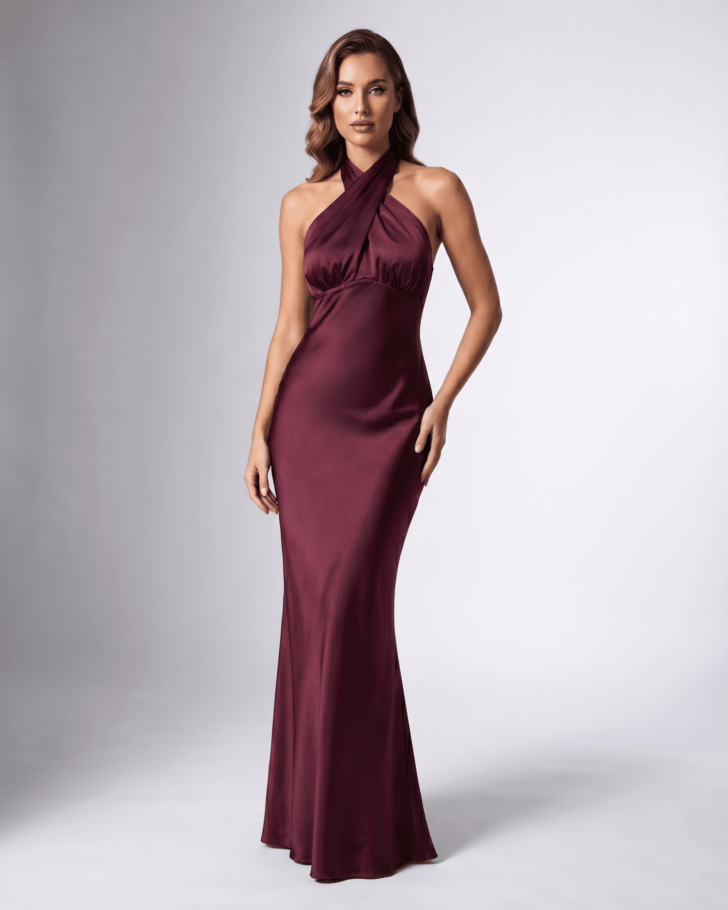 Serelle Maxi Dress, burgundy satin maxi dress with halter neck, fitted bodice, and open back, by Lauven.