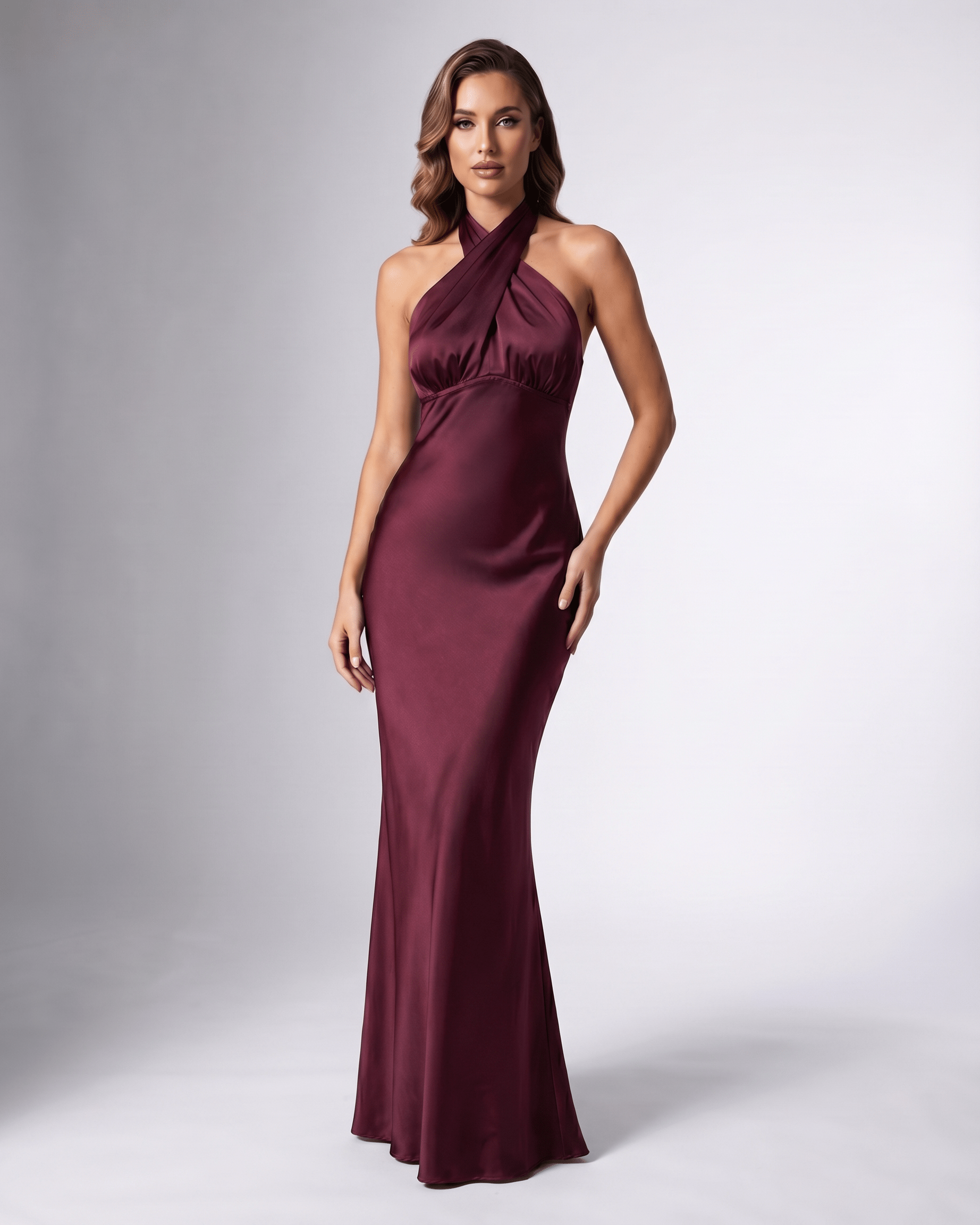 Serelle Maxi Dress, burgundy satin maxi dress with halter neck, fitted bodice, and open back, by Lauven.