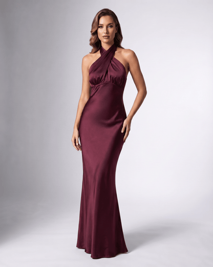 Serelle Maxi Dress, burgundy satin maxi dress with halter neck, fitted bodice, and open back, by Lauven.