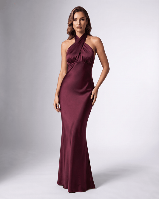 Serelle Maxi Dress, burgundy satin maxi dress with halter neck, fitted bodice, and open back, by Lauven.