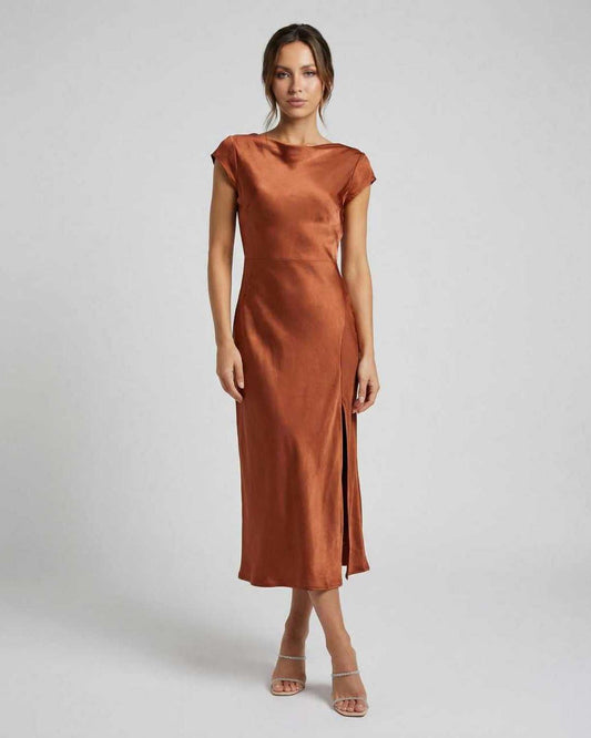 Seren Midi Dress - Elegant satin dress with twisted-back and cutout detail by Lauven, featuring smooth draping and a flattering fit.
