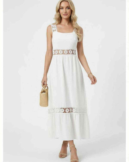 Seren Midi Dress by Lauven featuring delicate lace insets and a classic sleeveless design, perfect for spring and summer events.