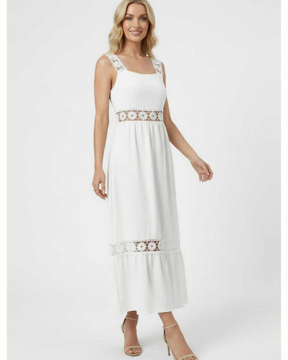 Seren Midi Dress by Lauven, featuring delicate lace insets, perfect for spring and summer events.
