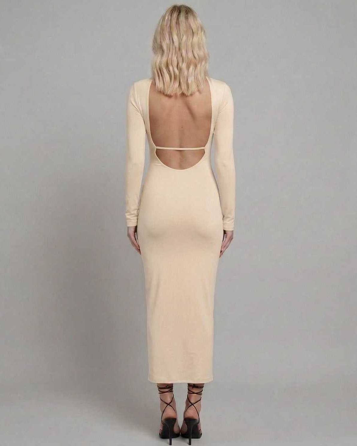 Back view of the Seren Midi Dress by Lauven in soft beige with a back cut-out design.