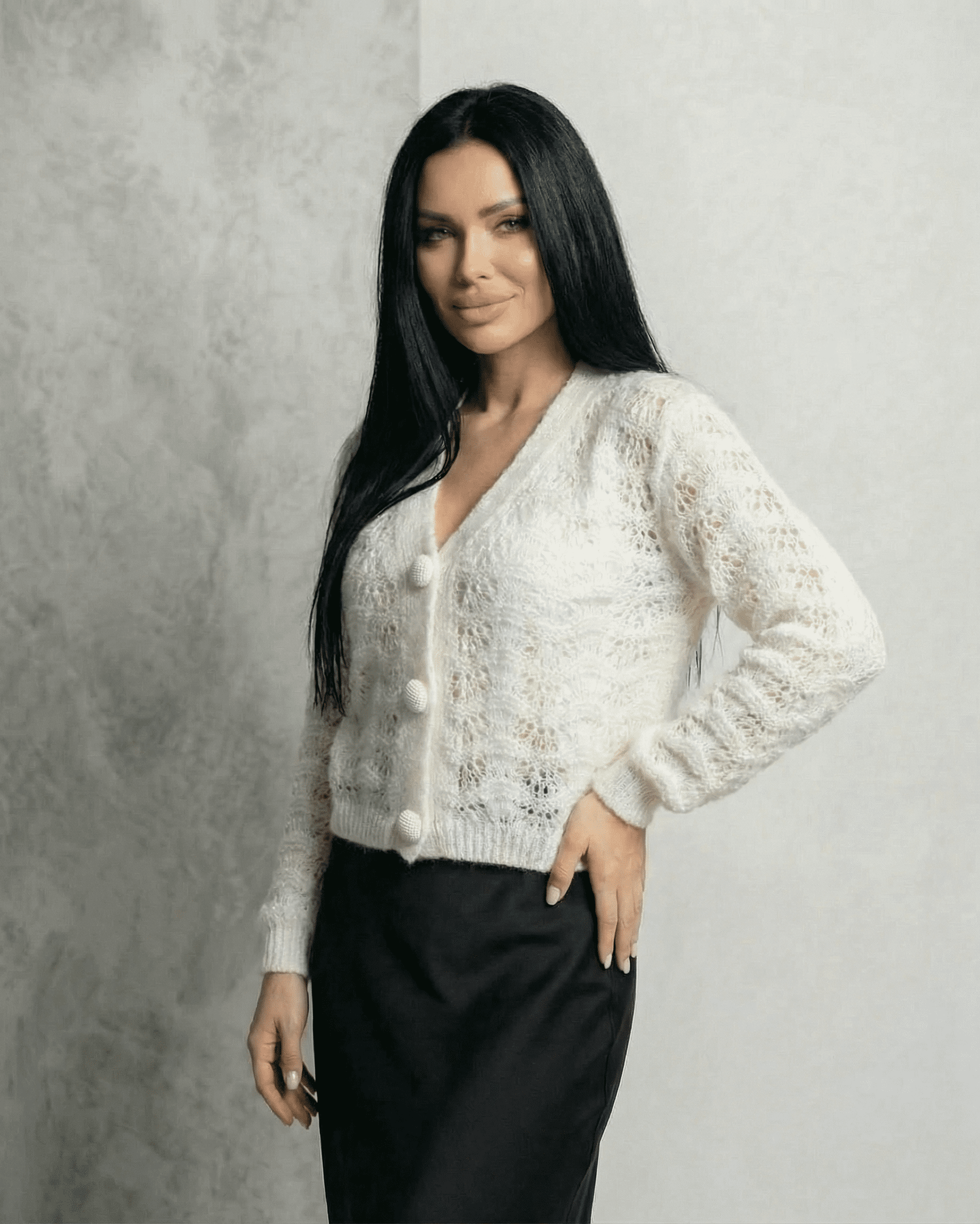 Serena Cardigan by Lauven, lace knit V-neck button front cardigan in elegant design worn by model.